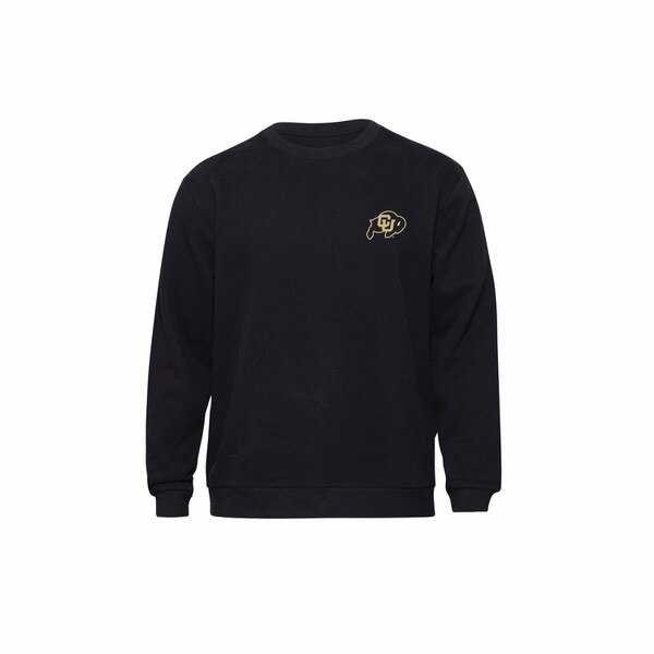 A black crewneck sweatshirt with the CU Buffalo logo embroidered in black and gold on the left chest.
