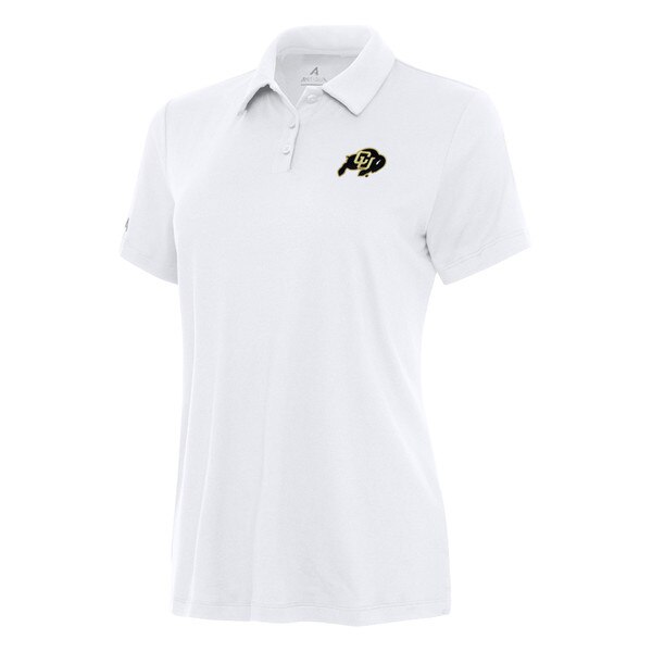 Women's white CU Buffaloes polo shirt featuring embroidered CU logo on left chest and tailored short-sleeve fit