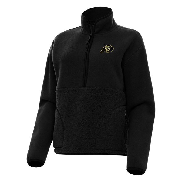 A black Antigua women's quarter zip pullover with C.U buffalo logo and two side zip pockets.