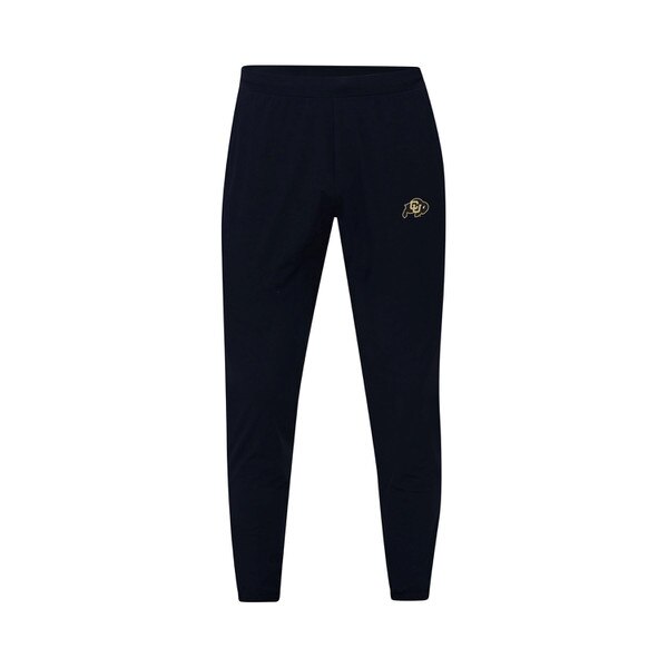 This is a pair of plain black pants that taper and zip up at the bottom. On the left leg there's a Black and Gold CU Buffalo Logo.