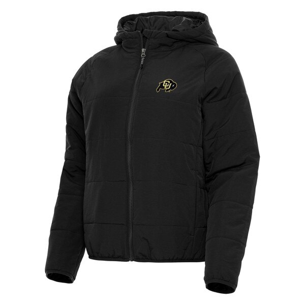 Women's black puffer jacket with CU Buffaloes logo on left chest and full front zip