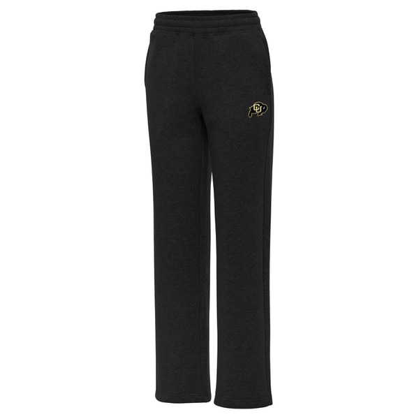 This is a pair of black, full length, wide leg sweatpants. There is a black and gold C.U. buffalo logo on the top left leg.