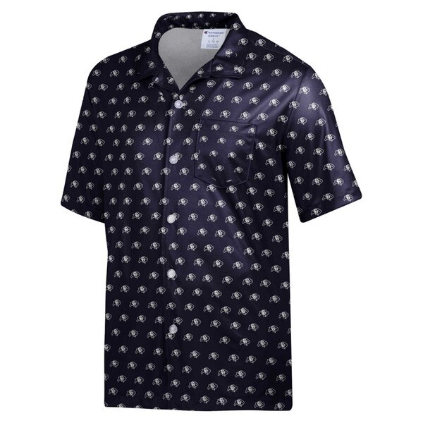This is a black button down shirt with clear buttons. It doesn't button up all the way to the top. It is covered all over with small, black and white CU buffalo logos.