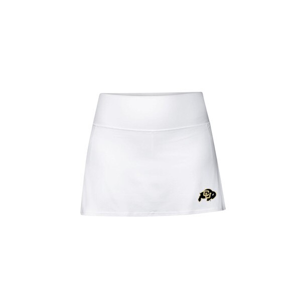 This is a white, high waisted, mini skirt. The bottom left of the skirt has a black and gold C.U. Buffalo logo.