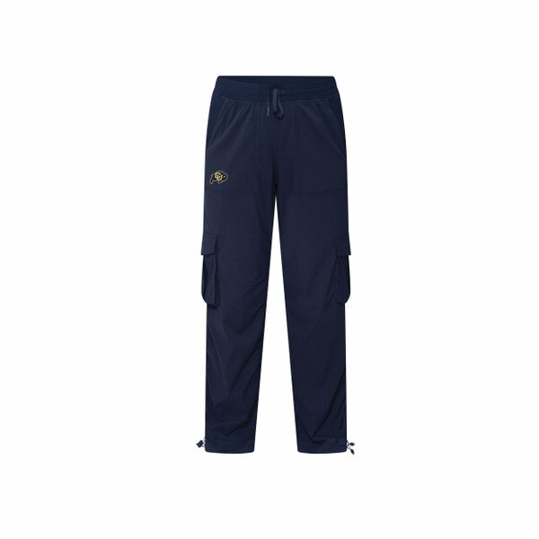 This is a pair of black adjustable pants. The CU Buffalo logo is black and gold. The pockets are fold over without fasteners.