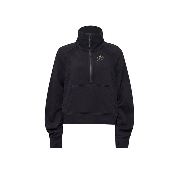 A black lululemon oversized half zip hoodie with the CU Buffalo logo on the left chest. There's large kanga pocket on the front.