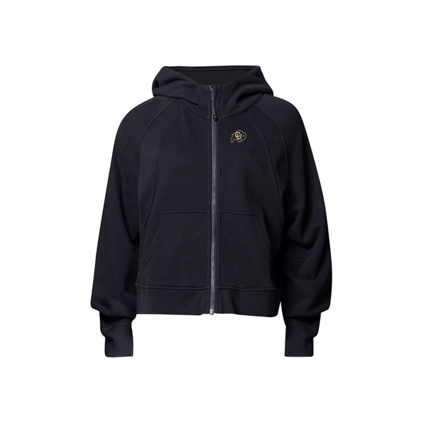 This is a black, full zip hoodie with an oversized fit. The side pockets are on either side of the zipper. The C.U. buffalo logo on the left chest is black and gold.