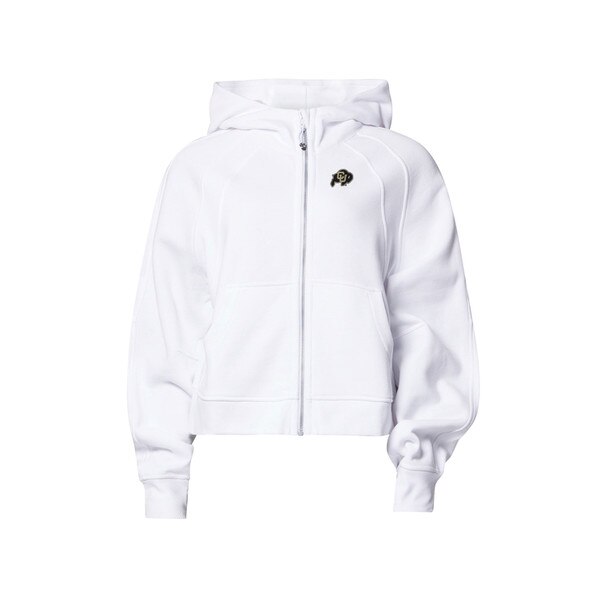 This is a white, full zip hoodie with an oversized fit. The side pockets are on either side of the zipper. The C.U. buffalo logo on the left chest is black and gold.