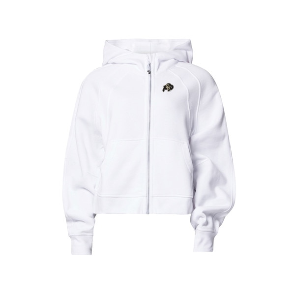 This is a white, full zip hoodie with an oversized fit. The side pockets are on either side of the zipper. The C.U. buffalo logo on the left chest is black and gold.