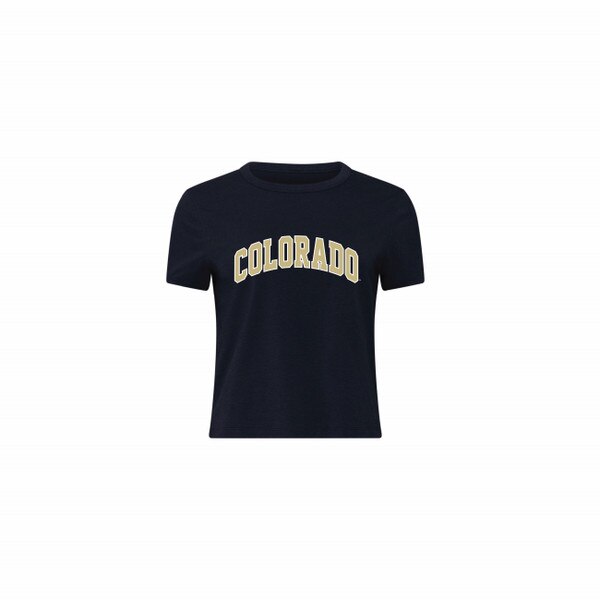 This is a black short sleeve slightly cropped t-shirt. The front has Colorado printed on it in bold block lettering; gold framed with a white border.