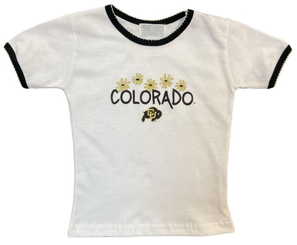 This is a white toddler t-shirt. The collar and sleeves have black trim with a white lettuce hem. The front has 5 black and gold flowers. "Colorado" is black and the C.U. buffalo is Black and Gold