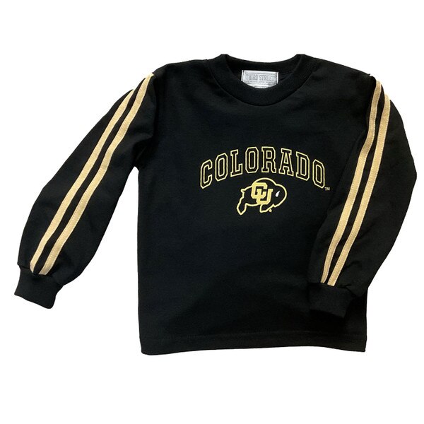 A black long sleeve with gold "Colorado" written across the chest and a Ralphie logo underneath. The sleeves each have two gold striped running down them.