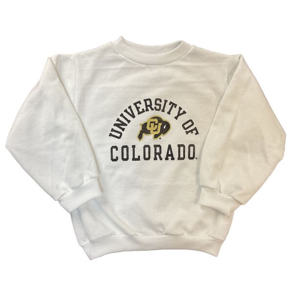 White toddler sweatshirt with "University of Colorado" written in black around the CU Buffalo logo.