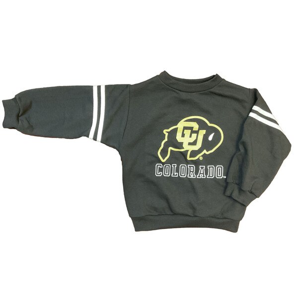 A black toddler crewneck sweatshirt with the CU Buffalo in the center. "Colorado" is written in white block lettering below the logo, and there are two thin white strips on the arms of each sleeve.