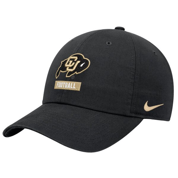 Front view of black Nike cap with CU Buffaloes logo, embroidered 'Football' patch, and gold Swoosh on the side