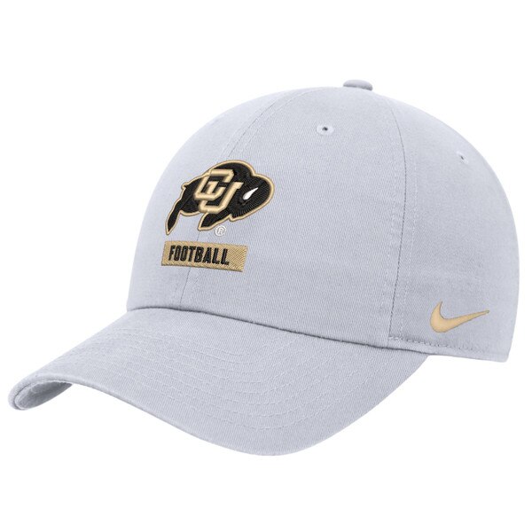 Front view of grey Nike cap with CU Buffaloes logo, embroidered 'Football' patch, and gold Swoosh on the side