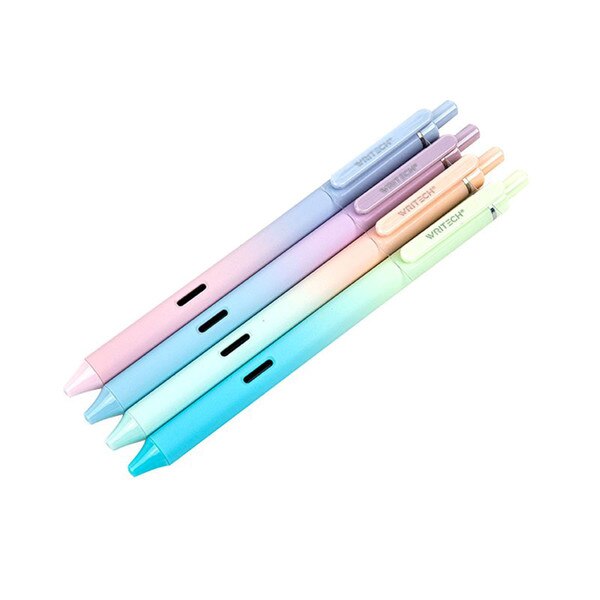A pack of four black ink zero-point seven-millimeter pens with a pastel ombre design.