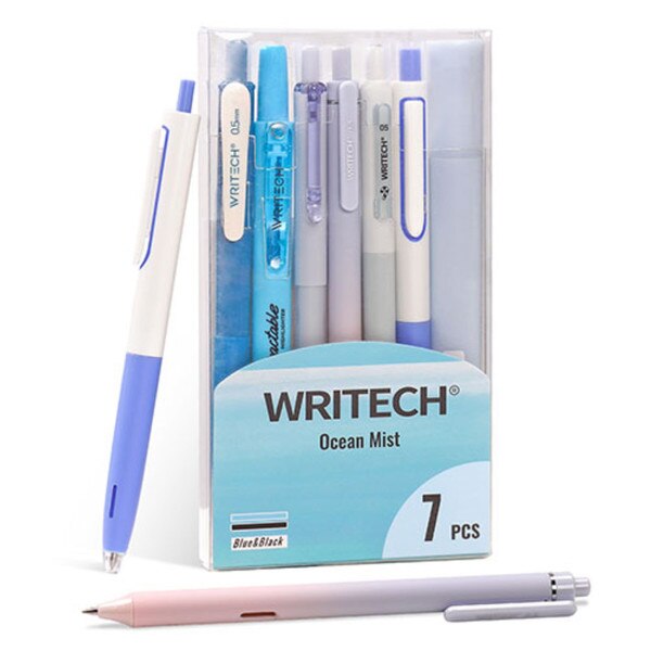 A blue journaling kit including five pens and two highlighters.