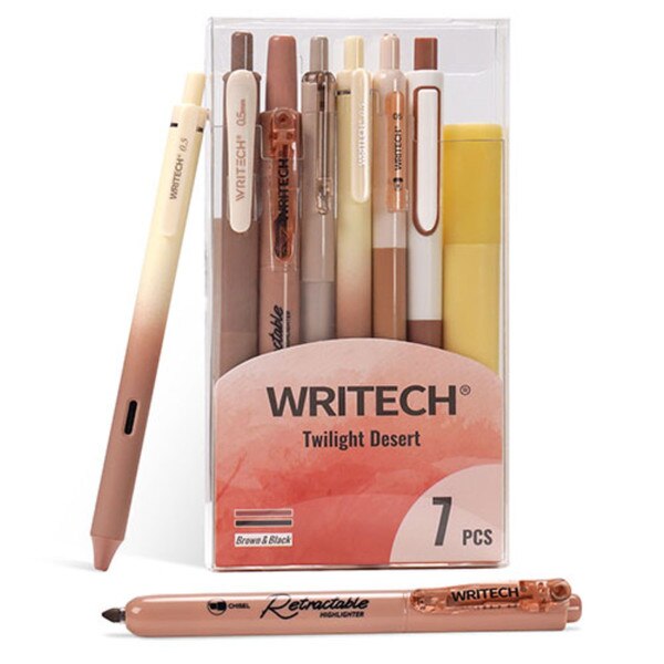 A brown journaling kit including five pens and two highlighters.