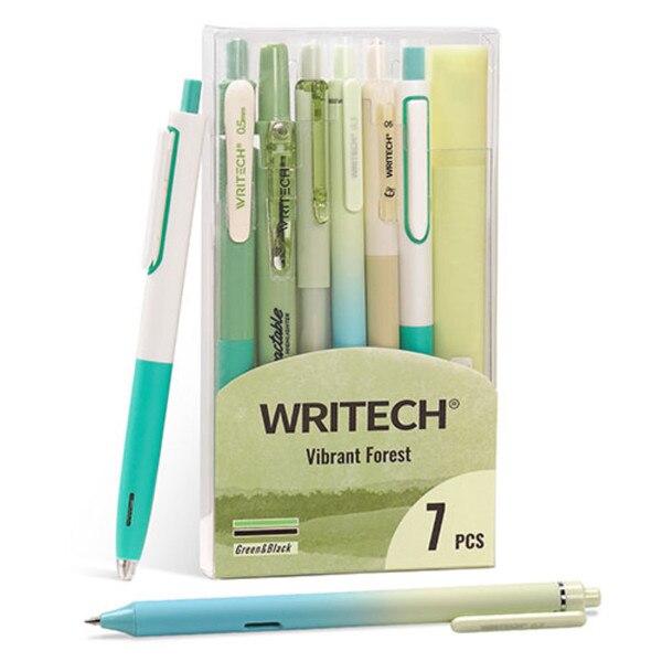 A green journaling kit including five pens and two highlighters.