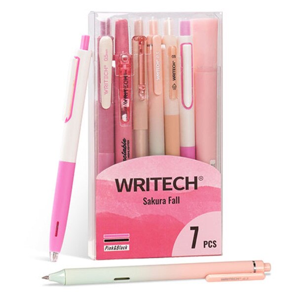 A pink journaling kit including five pens and two highlighters.
