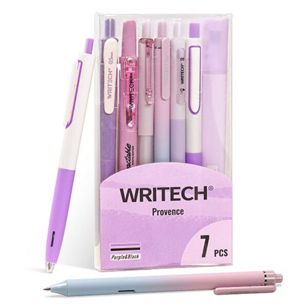 A purple journaling kit including five pens and two highlighters.