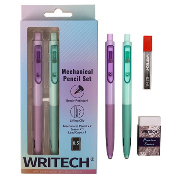 A photo of the mechanical pencils, eraser, and lead pack.