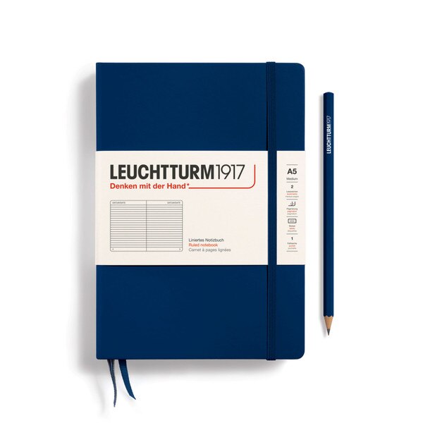 A navy colored hardcover notebook.