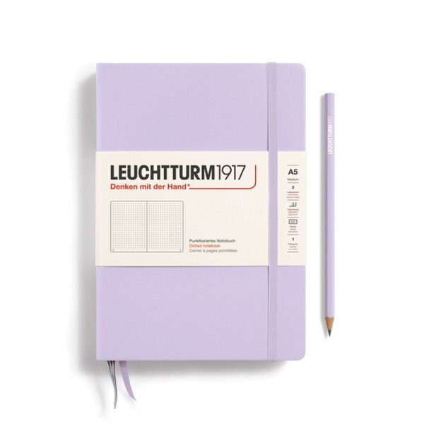 Lilac hardcover dotted notebook with closure strap and two bookmarks.