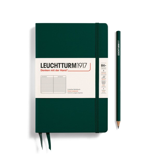 Forest green hardcover ruled notebook with 2 bookmarks, with thin fabric strap closure.