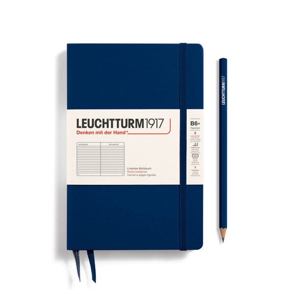 Navy hardcover ruled notebook with 2 bookmarks, with thin fabric strap closure.
