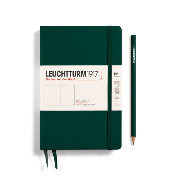 Forest green hardcover blank notebook with 2 bookmarks, with thin fabric strap closure.