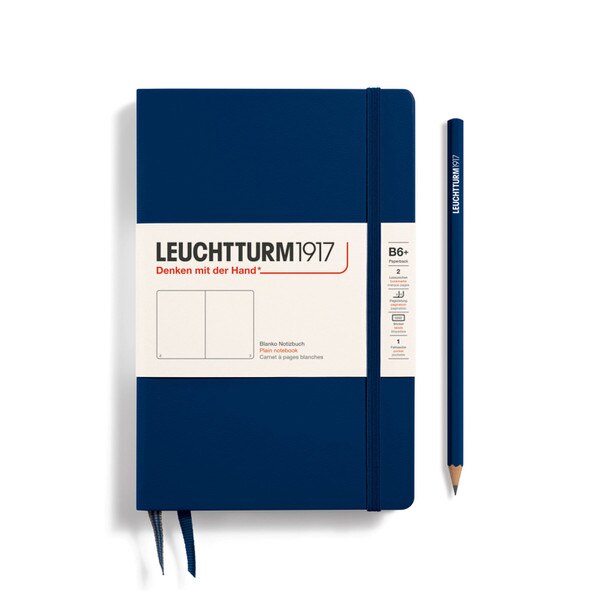 Navy hardcover blank notebook with 2 bookmarks, with thin fabric strap closure.