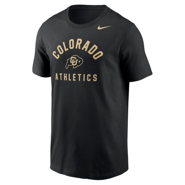Front view of black Colorado Athletics Nike t-shirt with CU Buffaloes logo and gold lettering