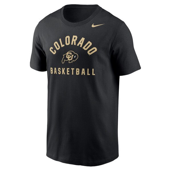 This is a black t-shirt with Colorado arched in bold letters over a CU buffalo logo. There is a nike swoosh on the left chest. Basketball is printed underneath in smaller print. All logos are Gold.