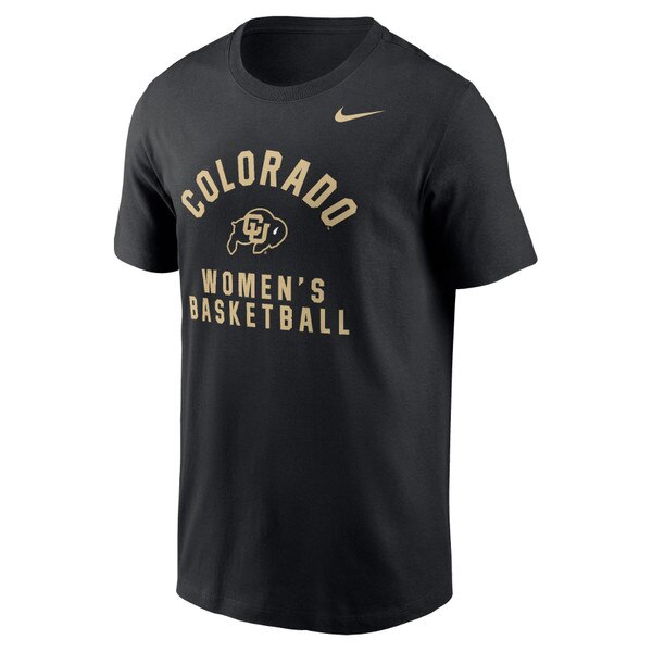 Front view of black Colorado Women's Basketball Nike t-shirt with CU Buffaloes logo and gold text"