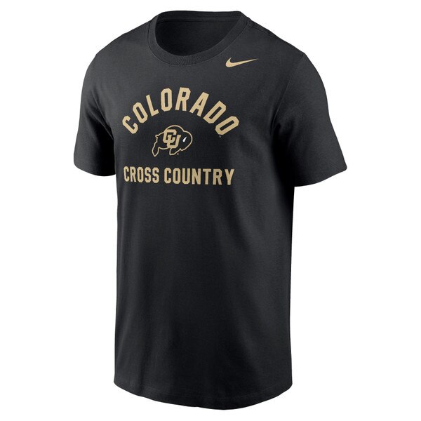 Front view of black Colorado Cross Country Nike t-shirt with CU Buffaloes logo and gold lettering