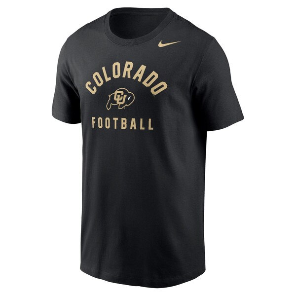 This is a black t-shirt with Colorado arched in bold letters over a CU buffalo logo. There is a nike swoosh on the left chest. Football is printed underneath in smaller print. All logos are Gold.