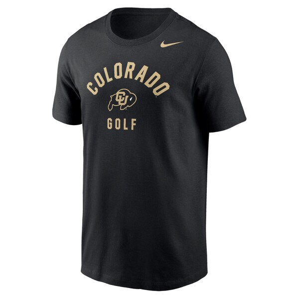 Front view of black Colorado Golf Nike t-shirt with CU Buffaloes logo and gold lettering