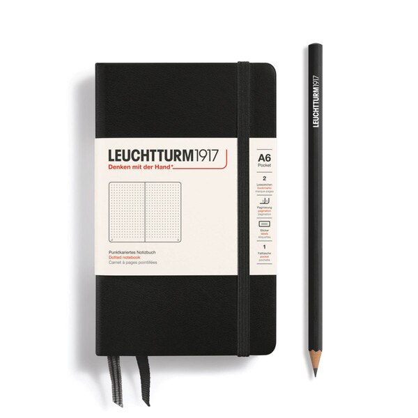 A small, black notebook with an elastic.