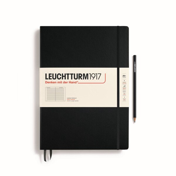 Leuchtturm1917 A4+ master ruled notebook in Black with elastic closure and two ribbon bookmarks