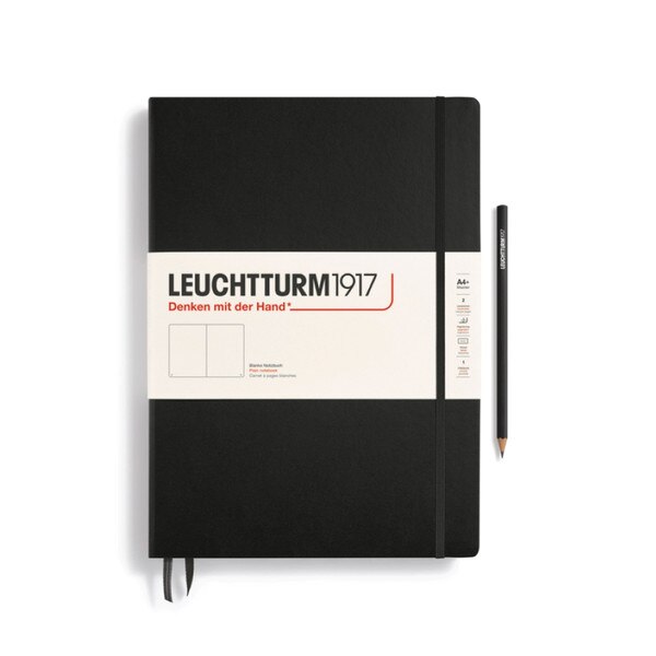 Black hardcover blank notebook with closure strap and two bookmarks.