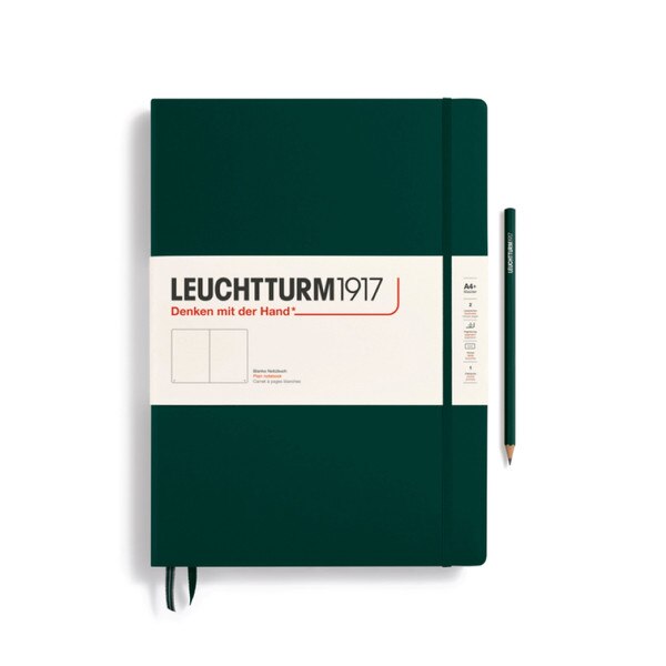 Forest green hardcover blank notebook with closure strap and two bookmarks.