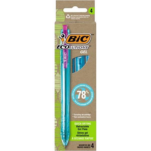Bic 4-pack gel pens with assorted ink colors with 0.7mm ballpoint tip and retractable ability.