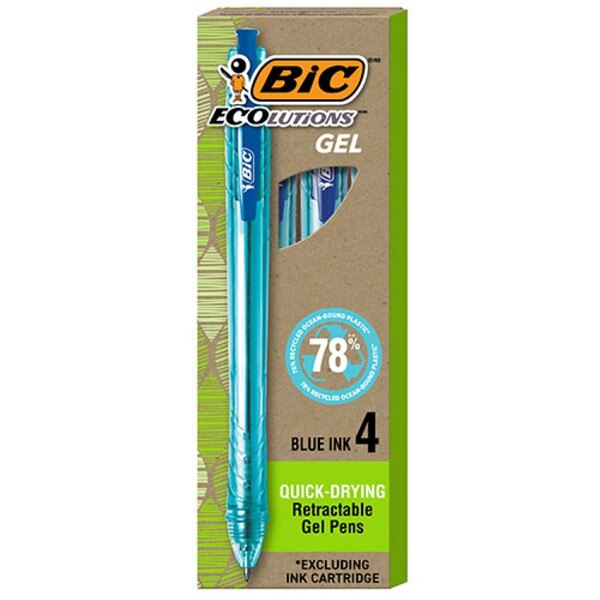 Bic 4-pack gel pens with blue ink color with 0.7mm ballpoint tip and retractable ability.