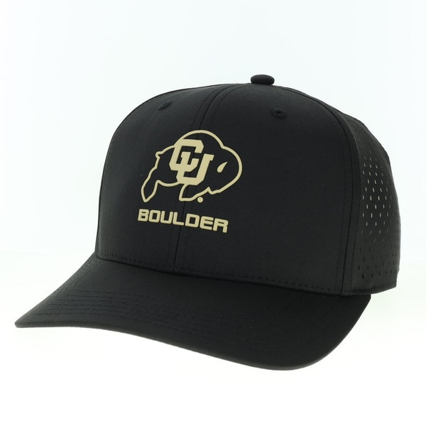 Black athletic cap with perforated mesh back, featuring a Vegas gold CU Buffs logo and “Boulder” text on the front.