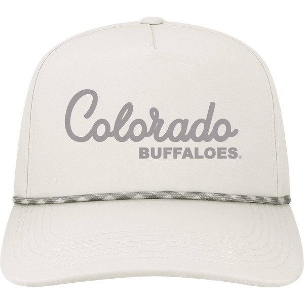 White Colorado Buffaloes snapback hat with gray script text and braided rope detail above the brim, front view.