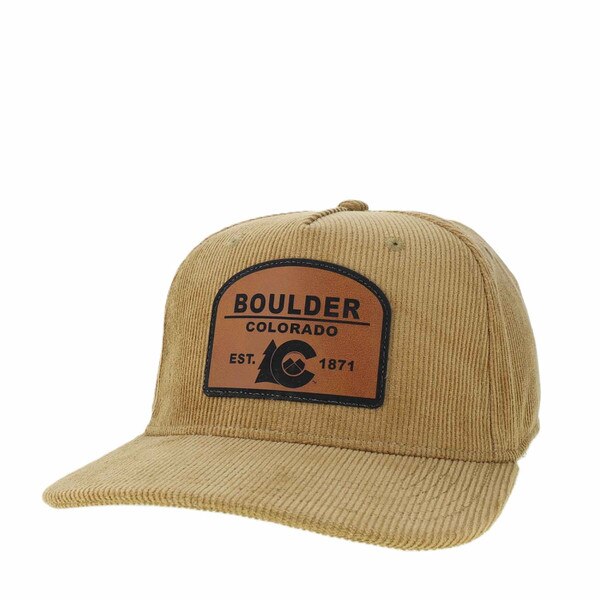 A khaki legacy unisex roadie 5 snapback trucker hat with a patch containing "Boulder Colorado Est.1871" and a tree, mountains, and Colorado flag "C."