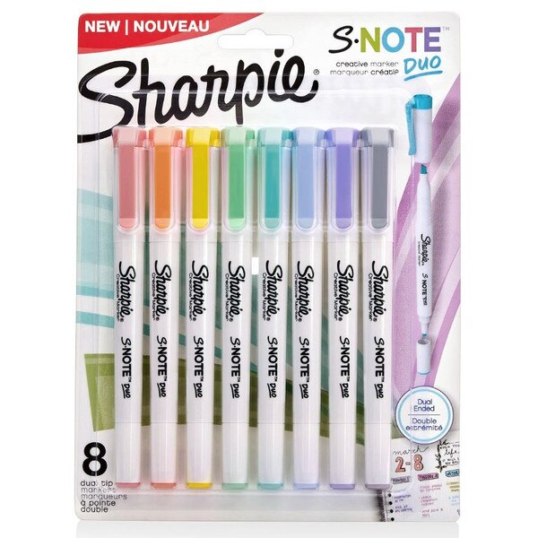 These are dual ended markers. There are 8 colors, Pink, orange, yellow, green, teal, blue, purple, and grey.