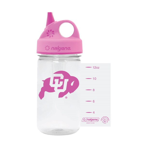 This is a clear sippy cup with a pink lid and straw. The measurement markings and CU Buffalo logo are all pink.